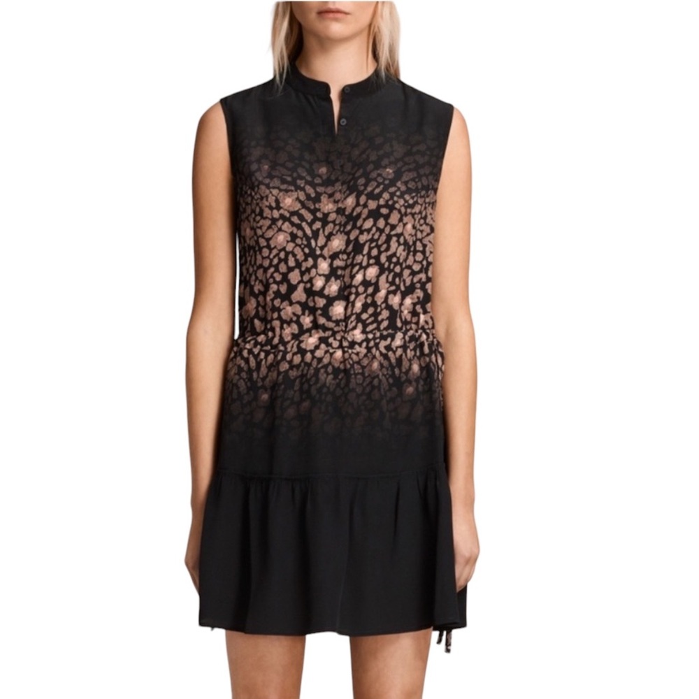 ALLSAINTS 100% Silk LIN LYOS dress with leopard print size 6